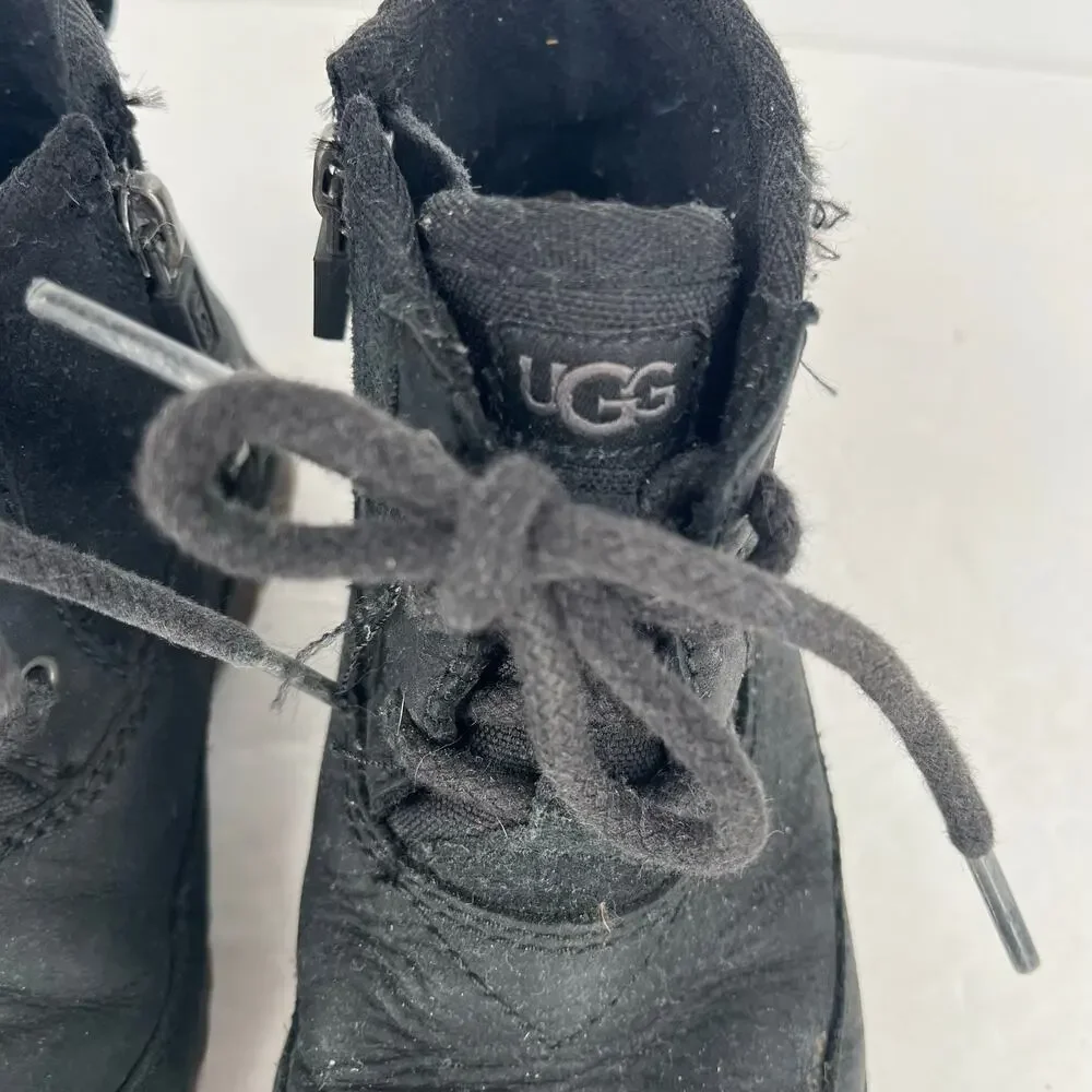 UGG Bradley Boys Black Leather Shearling Hiking Ankle Boots Size 10